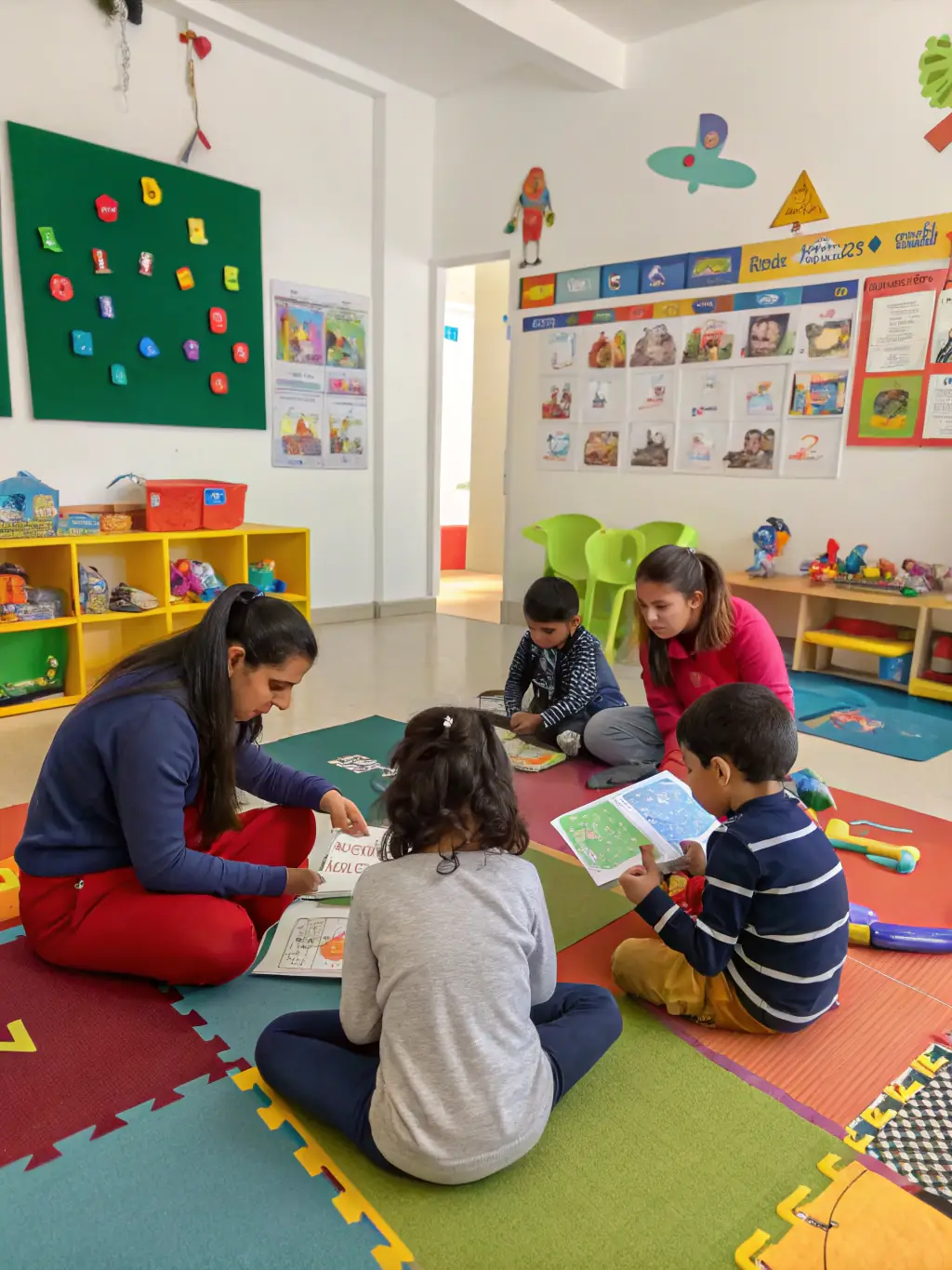 A group of early years apprentices participating in a hands-on learning activity, supervised by a WMC Training instructor, in a bright and engaging nursery setting.