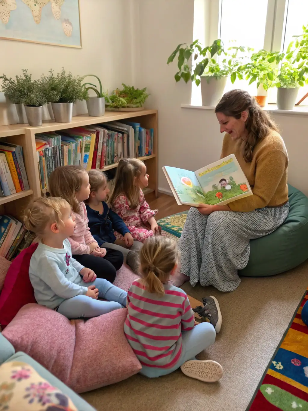 A WMC Training assessor observing an apprentice interacting with children during story time in a nursery, showcasing practical application of learned skills.